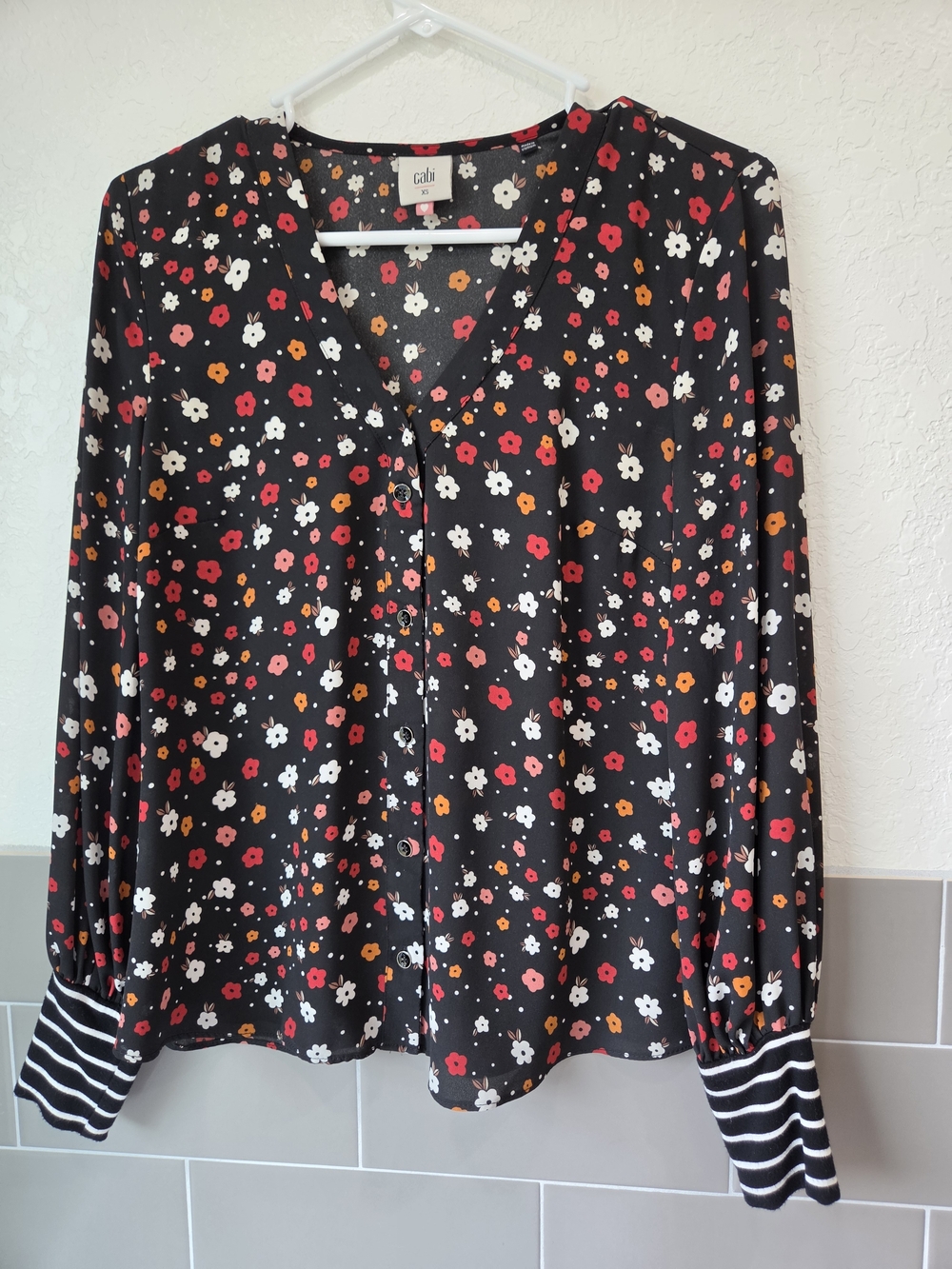 CAbi Cabi Cheerful Blouse Floral V-Neck Button Up with Striped Cuffs